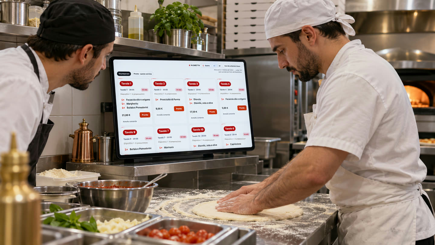 In una pizzeria, accanto al banco dove si stende l'impasto, un tablet a parete mostra il display di cucina di Judgy: una scheda per tavolo con i piatti da preparare, i minuti trascorsi dall'invio e il pulsante «Pronto»