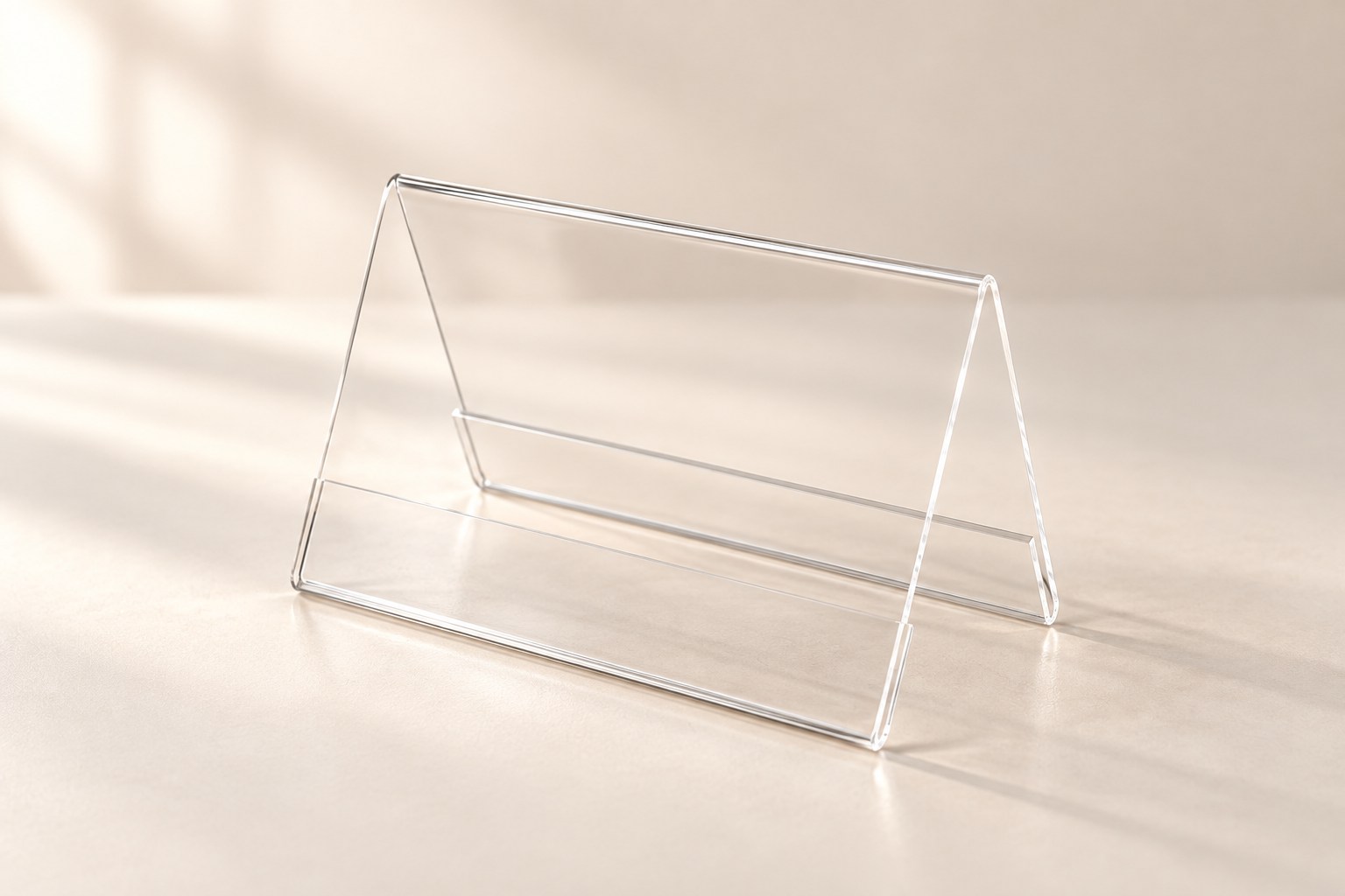 Espositore vuoto in plexiglass trasparente, orizzontale e a cavalletto, con piega superiore, base aperta e risvolti inferiori